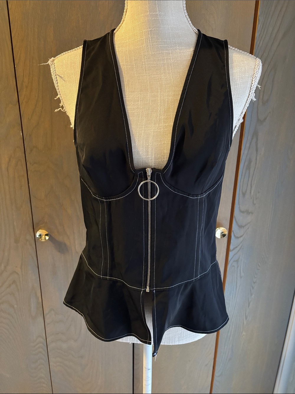 NWT H&M Y2K Style Black Topstitched Front Zip Top Shirt Clubwear Peplum SEE NOTE